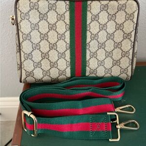 Gucci Authentic Beige Crossbody Bag with Green Red Strap w Gold chain strap